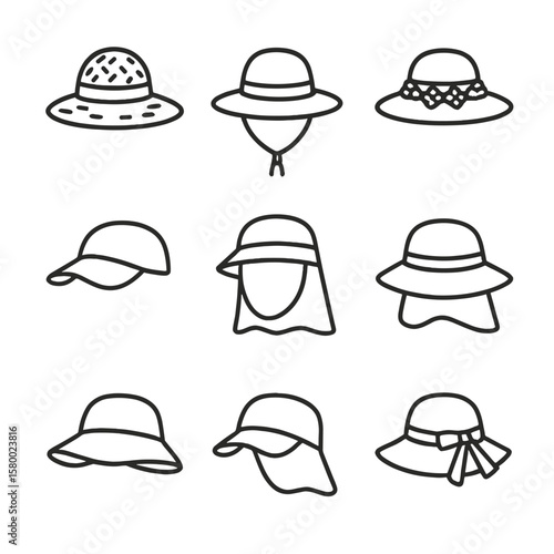 Sun icon hat straw drape gardening chin cap garden guard vector