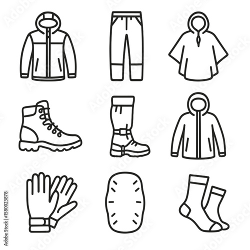 Vector cover gloves icons rain icon boots poncho waterproof gear pants pack