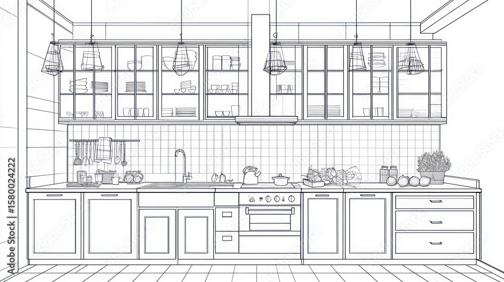 Fototapeta premium Line drawing of a modern kitchen design.