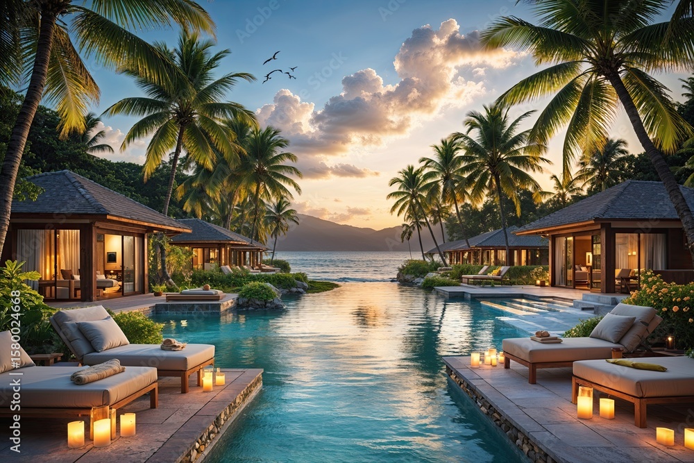 Fototapeta premium Tropical Resort Adventure Banner Showcasing Breathtaking Scenery and Elegant Villas