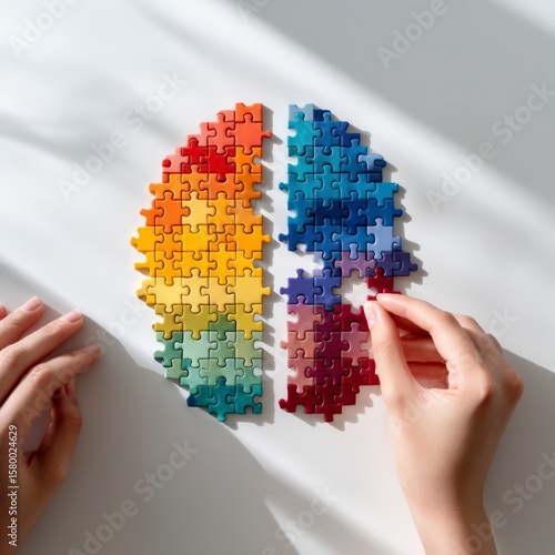 Hands Solving Multicolored Brain Puzzle