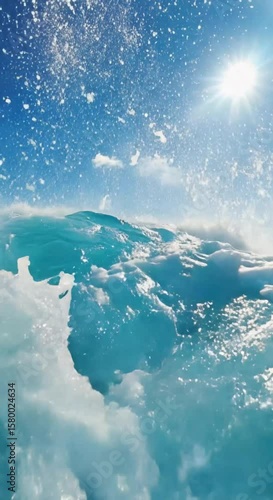 Wave crashing water splashing in sunlight summer sea ocean scene