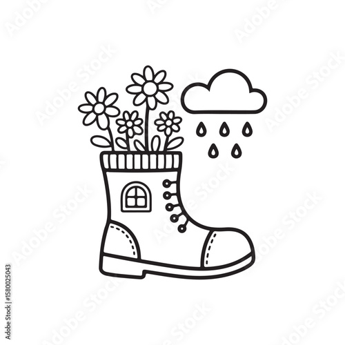 Miniature Fairy Cottage in a Teacup Planter – Bold Line Garden Coloring Page, Black & White Designs, Victor Illustration, Line Art, Miniature Garden Bold & Easy Coloring Book.
