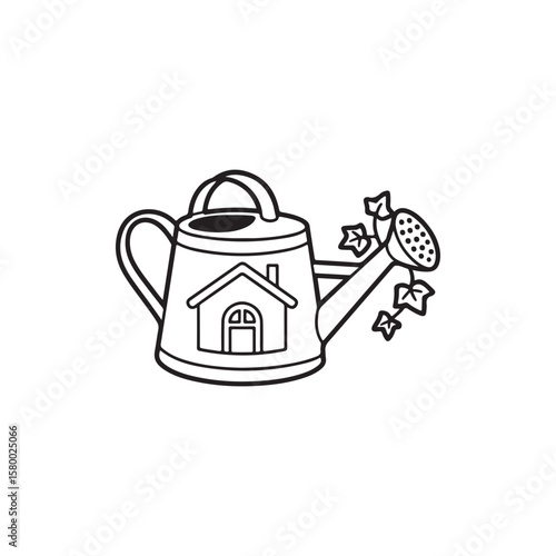 Miniature Fairy Cottage in a Teacup Planter – Bold Line Garden Coloring Page, Black & White Designs, Victor Illustration, Line Art, Miniature Garden Bold & Easy Coloring Book.
