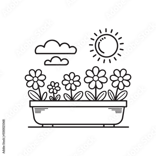 Miniature Fairy Cottage in a Teacup Planter – Bold Line Garden Coloring Page, Black & White Designs, Victor Illustration, Line Art, Miniature Garden Bold & Easy Coloring Book.