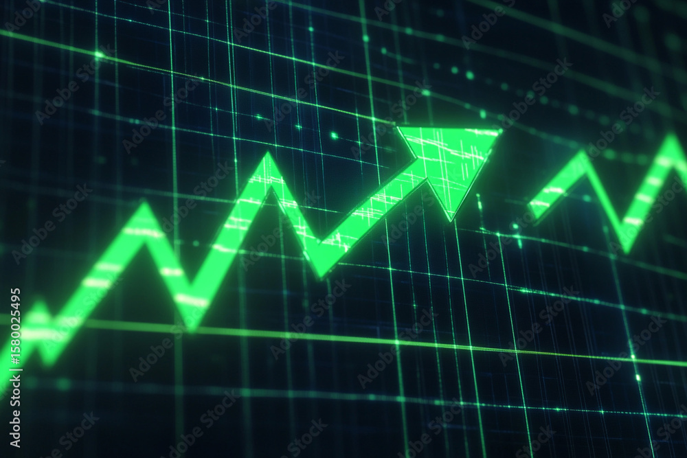 Naklejka premium Bull market concept with vivid green arrow against dark grid