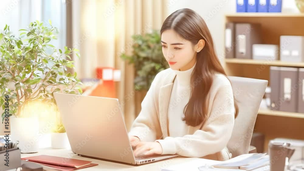 Young woman working modern office desk with laptop, displaying professional business focus while organizing documents, surrounded by plant and office supplies, showing calm and productivity bright Young woman working modern office desk with laptop, displaying professional business focus while organizing documents, surrounded by plant and office supplies, showing calm and productivity bright
