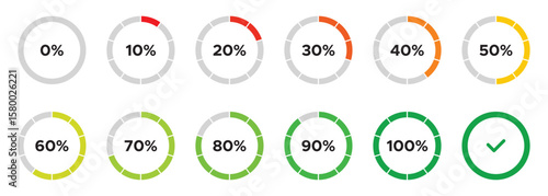 Loading circles and progress circles from 0 to 100 percent. loading bar circle. solid and line icon set. vector illustration. eps file.