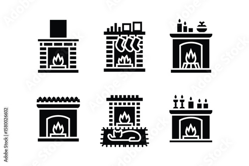 Fireplace icons with flames stockings candles and cat hearth burning