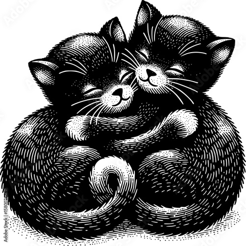 Cozy Cat Embrace: Two adorable kittens snuggle close, their eyes closed in contentment, as they are embraced by each other, symbolizing warmth, affection, and the pure joy of companionship.