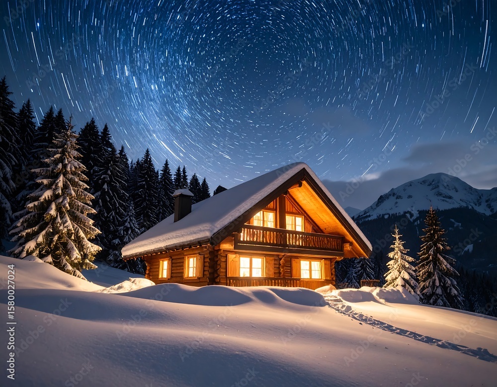 Naklejka premium Cozy log cabin in snowy mountain landscape at night
