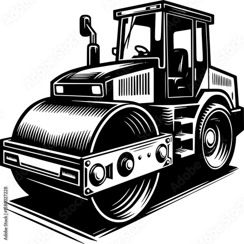 Road Roller Illustration: A detailed illustration of a powerful road roller, ready for work. The black and white style emphasizes the machine's strength and functionality.