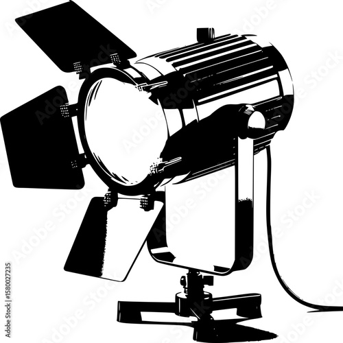 Studio Spotlight: A stark, high-contrast, monochrome illustration showcasing a vintage studio spotlight, meticulously rendered to emphasize its iconic design and powerful illumination.