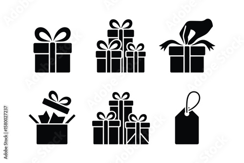 Gift boxes and tag icons present ribbon