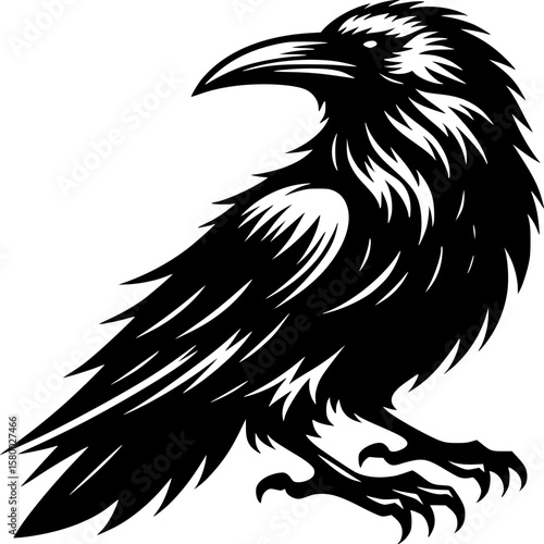Raven Silhouette: A sleek, monochrome illustration of a raven, a symbol of mystery and intelligence, perched with its distinctive features sharply defined in a graphic silhouette style.