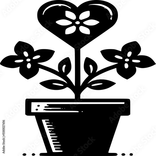 Blooming Heart: An artistic illustration showcasing a potted plant with heart-shaped flower, representing love, growth, and nurturing.
