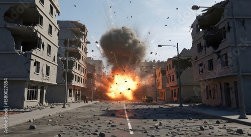 Explosion in Urban Street with Debris Flying Amidst Collapsed Buildings