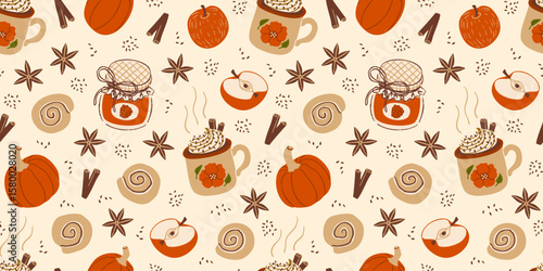 Cozy autumn seamless pattern. Pumpkin, hot drinks, cinnamon rolls, spice, raspberry jam. Fall background.