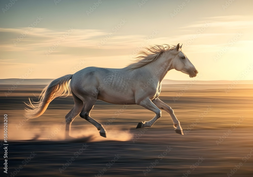 Fototapeta premium A powerful wild horse galloping freely across a plain at sunset
