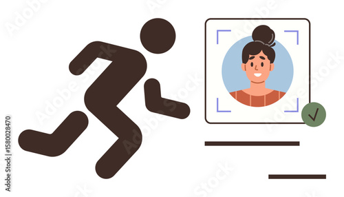 Running figure near digital profile with face scan and verification checkmark. Ideal for ID security, authentication, digital access, biometrics, identity management, online accounts, simple flat