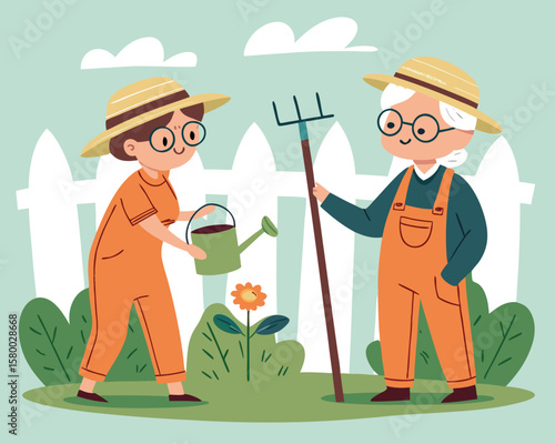Vector art of an elderly couple happily gardening together in a backyard