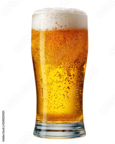 Refreshing glass of golden beer with foam on transparent background