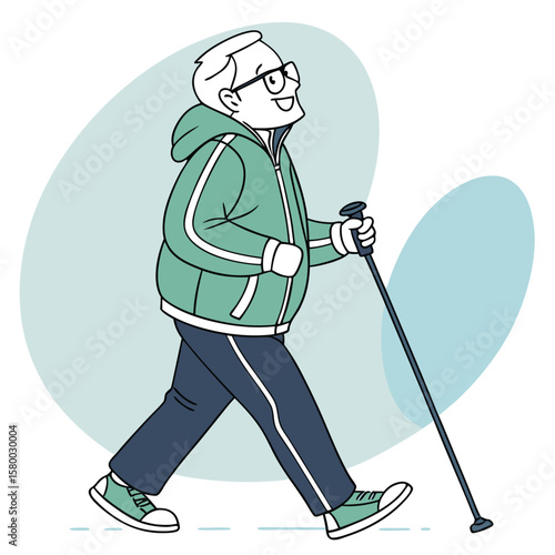 Vector art of an elderly man with glasses and a jacket walks with nordic poles