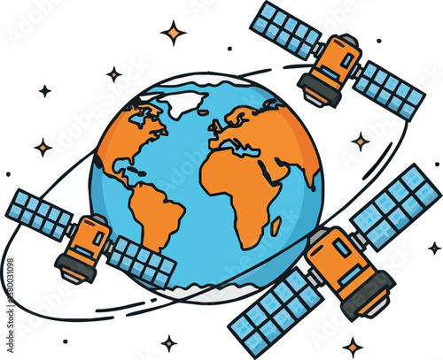 Three satellites orbit a stylized Earth, showcasing global communication and space technology.