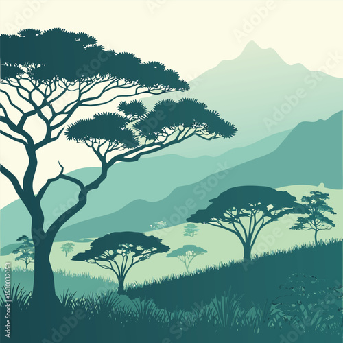Nature landscape with flat trees and mountains