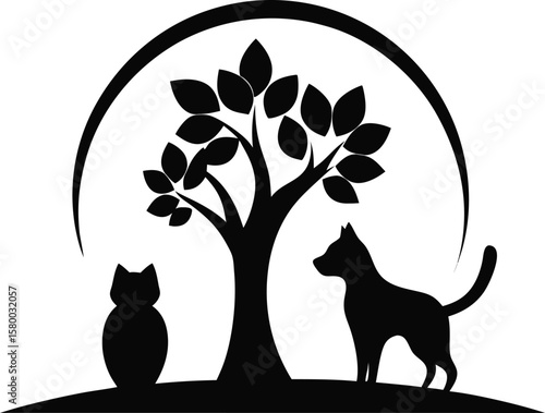 Black cat silhouette vector illustration of a cute feline on a tree under the moon at night