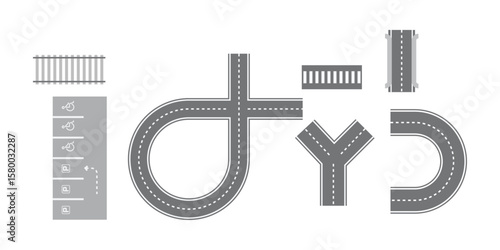 Straight and winding road road. Seamless asphalt roads template. Highway or roadway background. Vector illustration.