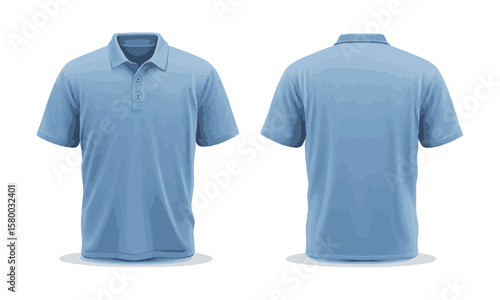 Modern Vector illustration of a blue polo shirt with a standard collar and three buttons on the front, Blank collared blue shirt mock-up template, front and back view, easily editable and scalable.