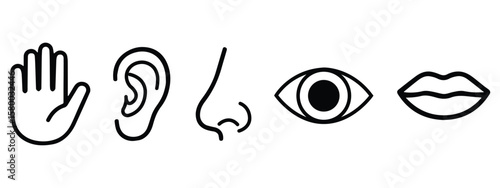 Five Human Senses Editable Stroke Icon Set – Hand, Ear, Nose, Eye, Mouth Line Art Vector