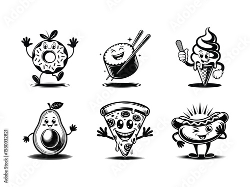 Black and white cartoon food characters including donut sushi ice cream avocado pizza and hot dog on white background