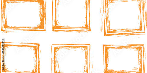 Set orange square grunge frame on a transparent background. Frame is drawn with brush strokes on white background. Vector orange square grunge frame on a transparent background.	