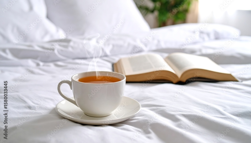 Cozy tea and book on bed Cozy tea and book on bed