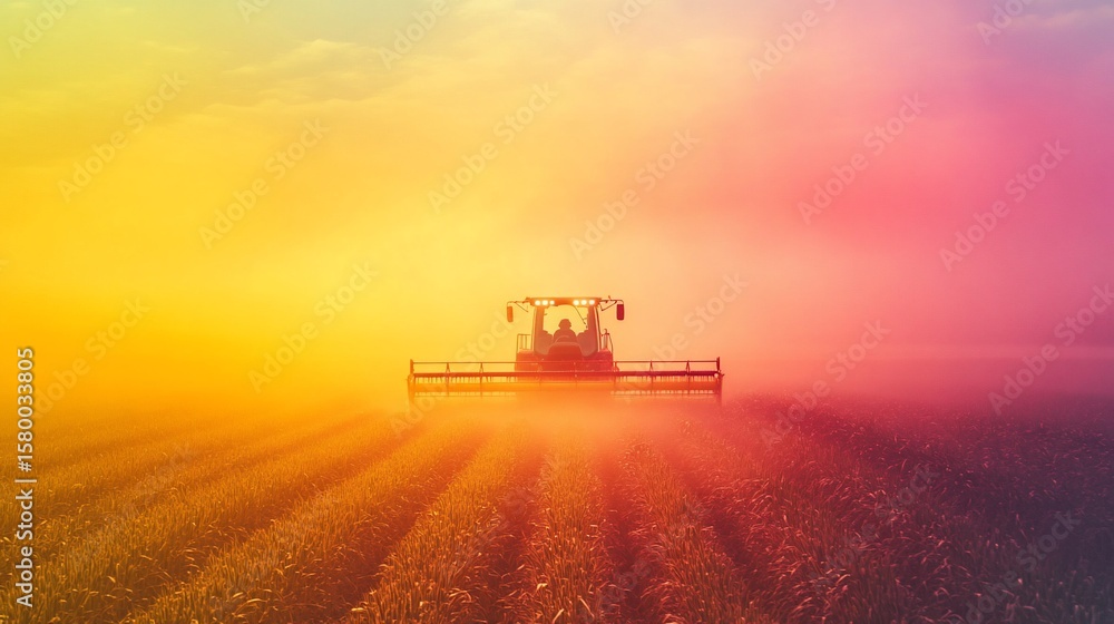 Fototapeta premium Agricultural machinery working during colorful sunrise in a vast field
