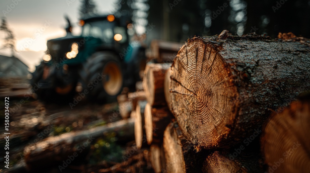 Fototapeta premium Harvested Timber Stacked with Logging Machine in Background