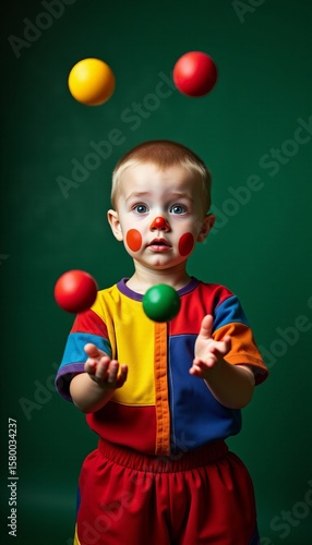 Playful Child Performer Cheerful Youngster with Orange Cheeks and Red Nose Juggling Against a Green Background