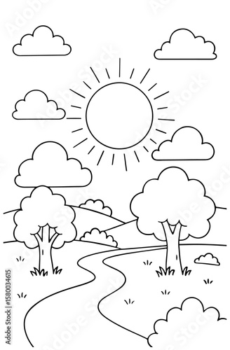 Coloring pages for kids of a landscape scene.