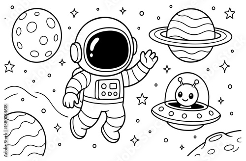 Coloring pages for kids of astronauts in outer space