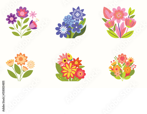 Collection of six colorful stylized floral bouquets with a retro feel on a cream background