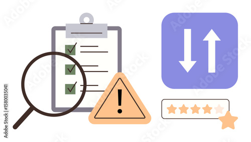 Magnifier analyzing checklist, warning sign, rating stars, and arrow indicator in functional context. Ideal for quality control, risk management, evaluation, prioritization, productivity feedback