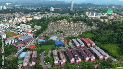 Aerial view of the Local Chinese community cemetery in Kota Kinabalu city, Sabah, Malaysia