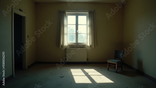 Empty room with a single chair and sunlight.