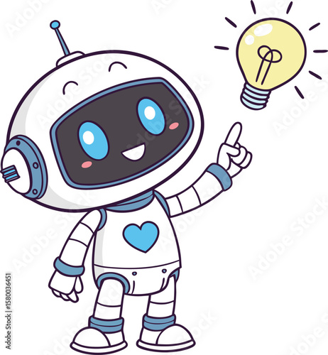 Vector art of a cute cartoon robot with a bright idea lightbulb above its head, isolated on white
