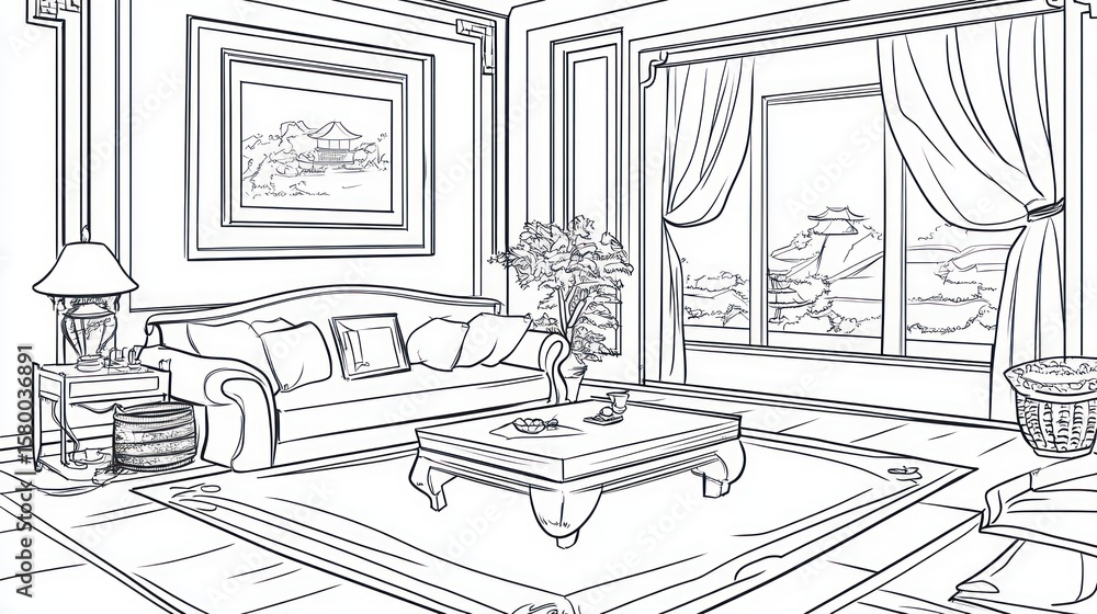 Fototapeta premium Interior line drawing of a serene living room.