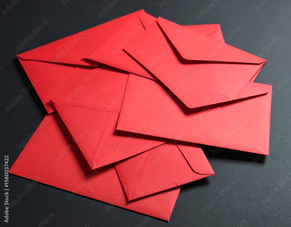 Obraz premium Stack of Red Envelopes on Dark Background | Festive Gifting and Invitations