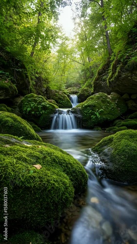 Realistic Video of Forest Waterfall with Moss Covered Rocks
