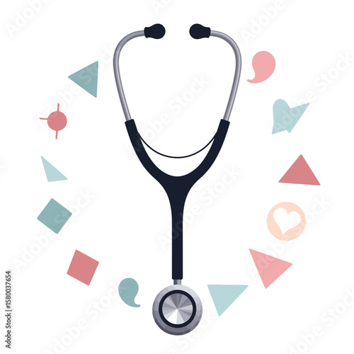 Detailed stethoscope illustration surrounded by geometric shapes, rheumatology